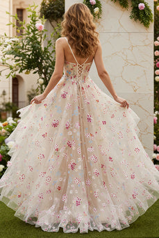 Ivory Floral Spaghetti Straps A-Line Long Corset Prom Dress with Slit