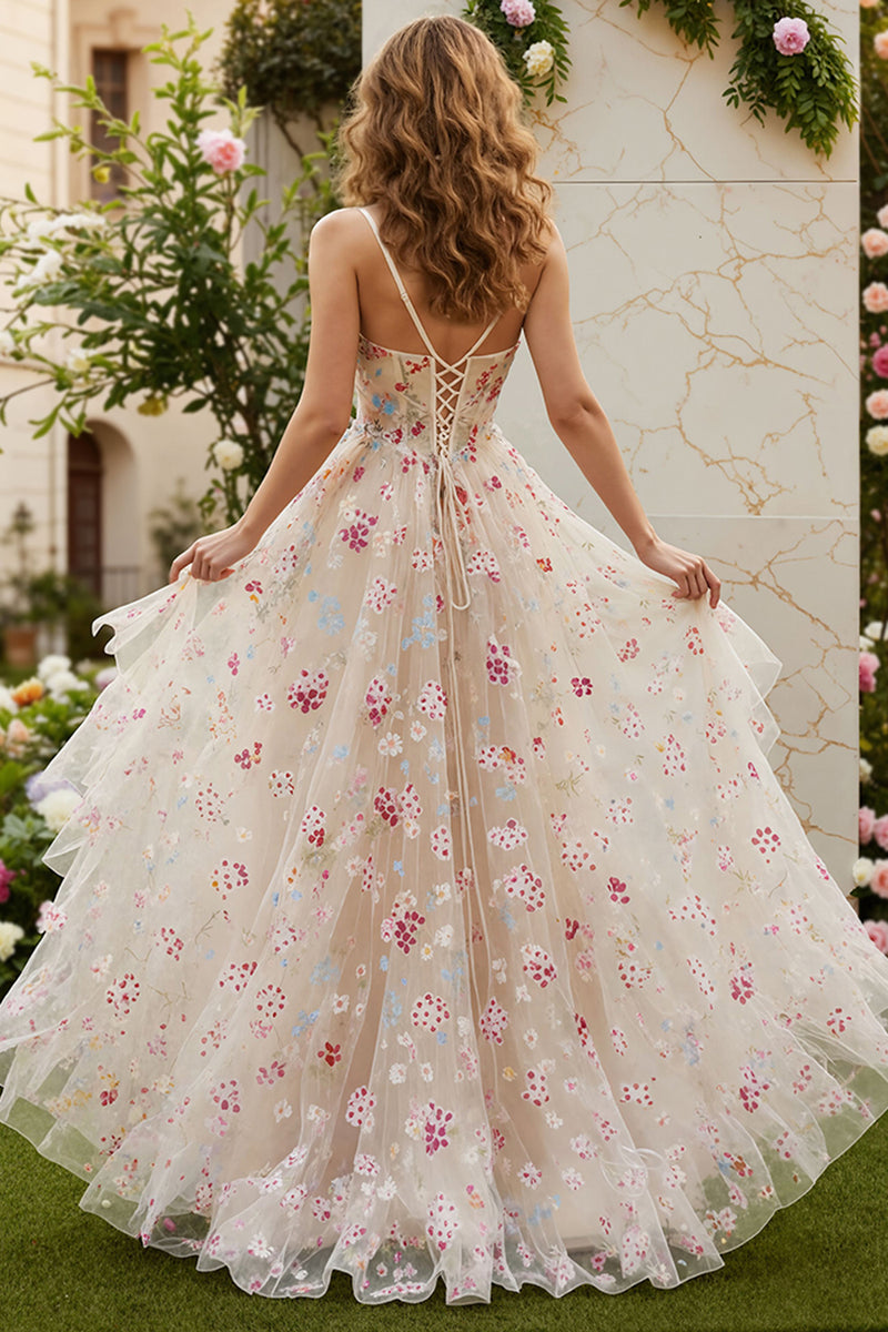 Load image into Gallery viewer, Ivory Floral Spaghetti Straps A-Line Long Corset Prom Dress with Slit