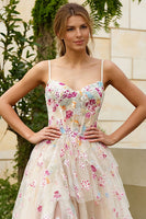 Load image into Gallery viewer, Ivory Floral Spaghetti Straps A-Line Long Corset Prom Dress with Slit
