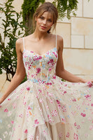 Load image into Gallery viewer, Ivory Floral Spaghetti Straps A-Line Long Corset Prom Dress with Slit