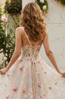 Load image into Gallery viewer, Ivory Floral Spaghetti Straps A-Line Long Corset Prom Dress with Slit