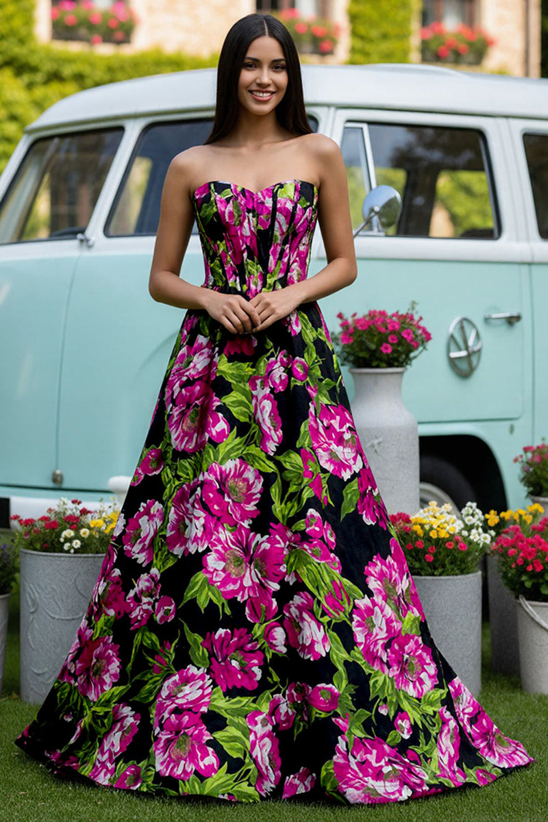 Load image into Gallery viewer, Floral Black Satin A-Line Strapless Corset Long Prom Dress