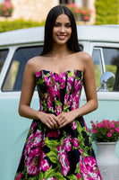 Load image into Gallery viewer, Floral Black Satin A-Line Strapless Corset Long Prom Dress