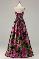 Load image into Gallery viewer, Floral Black Satin A-Line Strapless Corset Long Prom Dress