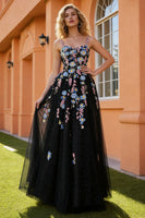 Load image into Gallery viewer, Sparkly Black Floral Tulle Spaghetti Straps Long Prom Dress with Beading
