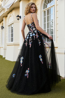Sparkly Black Floral Tulle Spaghetti Straps Long Prom Dress with Beading