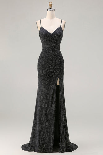 Black Polka Dots Mermaid Spaghetti Straps Long Prom Dress with Slit