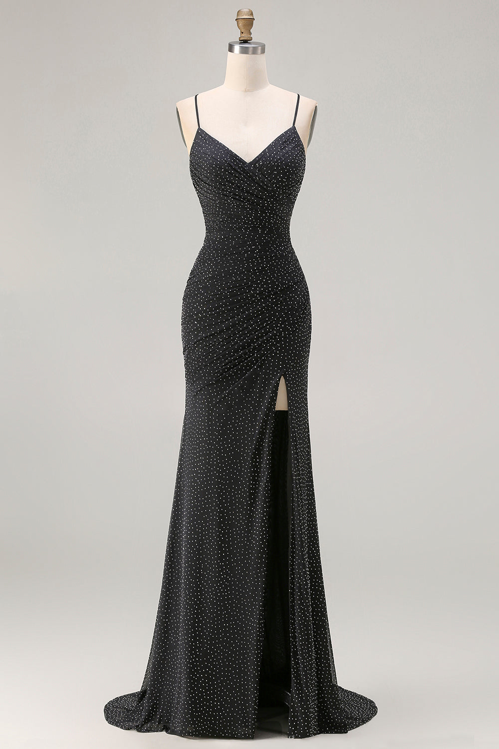 Black Polka Dots Mermaid Spaghetti Straps Long Prom Dress with Slit