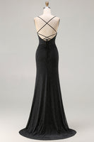 Load image into Gallery viewer, Black Polka Dots Mermaid Spaghetti Straps Long Prom Dress with Slit