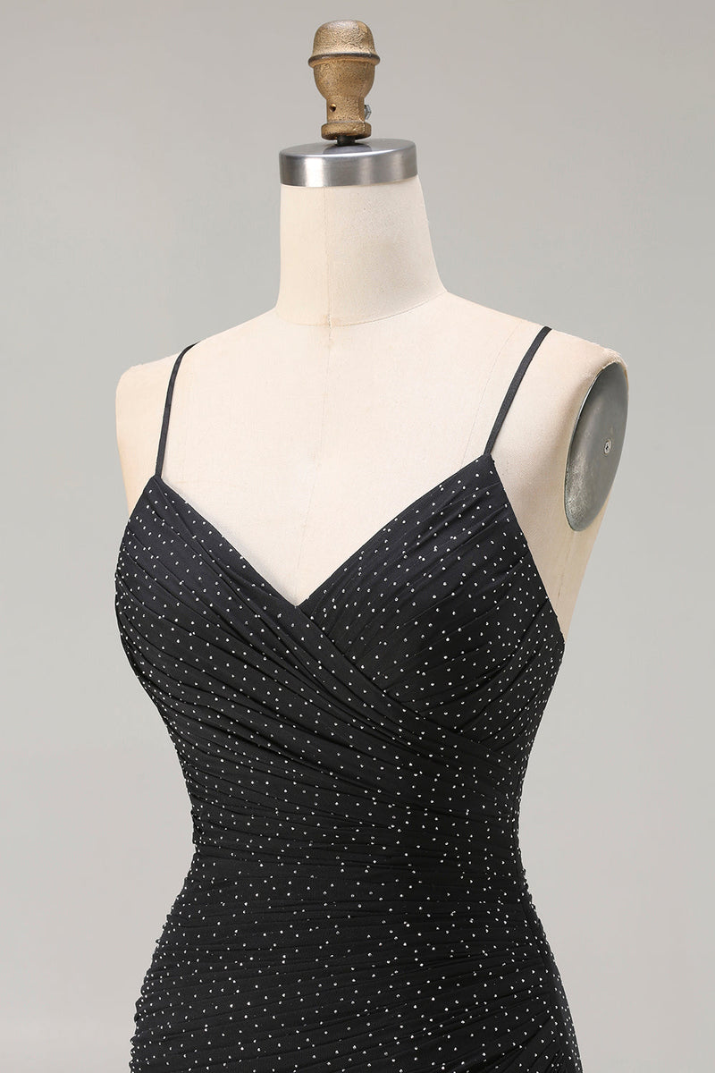 Load image into Gallery viewer, Black Polka Dots Mermaid Spaghetti Straps Long Prom Dress with Slit