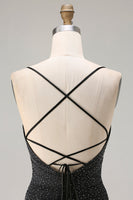 Load image into Gallery viewer, Black Polka Dots Mermaid Spaghetti Straps Long Prom Dress with Slit