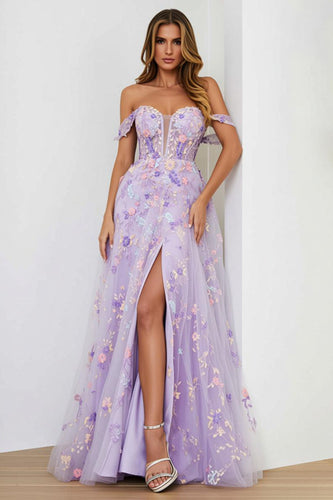 Floral Lilac A Line Embroidered Long Corset Prom Dress with Slit