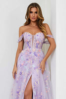 Load image into Gallery viewer, Floral Lilac A Line Embroidered Long Corset Prom Dress with Slit