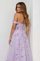 Load image into Gallery viewer, Floral Lilac A Line Embroidered Long Corset Prom Dress with Slit