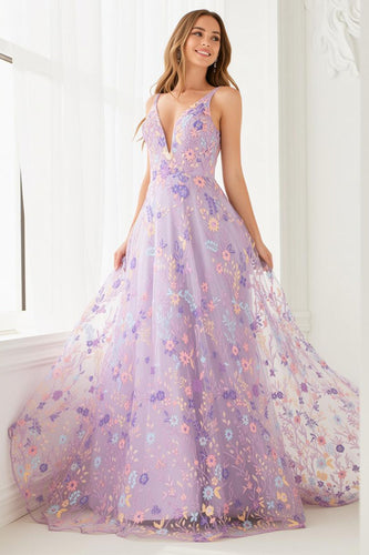 Floral Lilac A Line Tulle Embroidered V-Neck Long Prom Dress