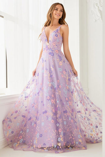 Floral Lilac A Line Tulle Embroidered V-Neck Long Prom Dress