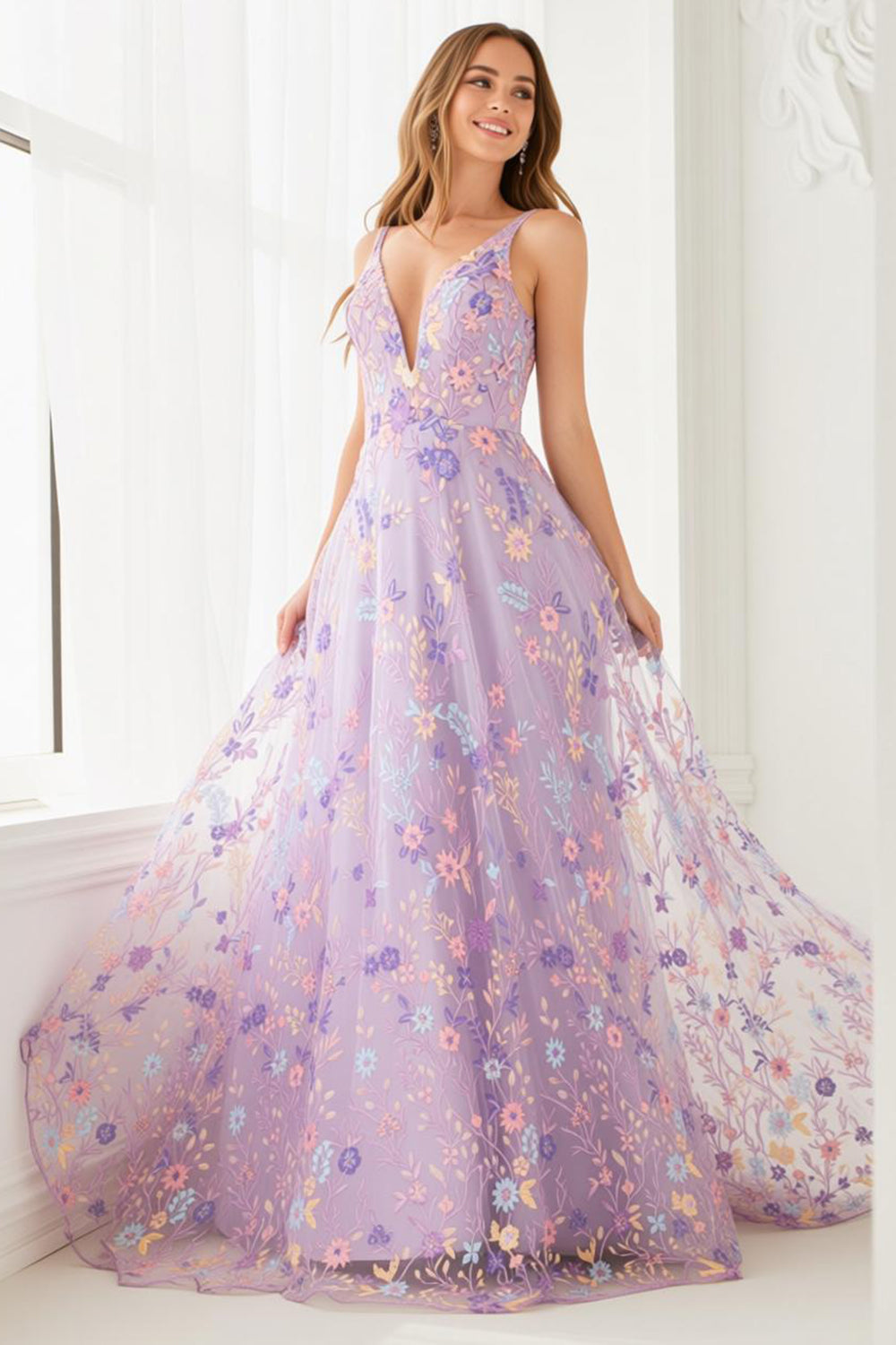 Floral Lilac A Line Tulle Embroidered V-Neck Long Prom Dress