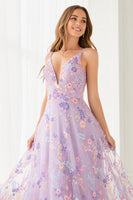 Load image into Gallery viewer, Floral Lilac A Line Tulle Embroidered V-Neck Long Prom Dress