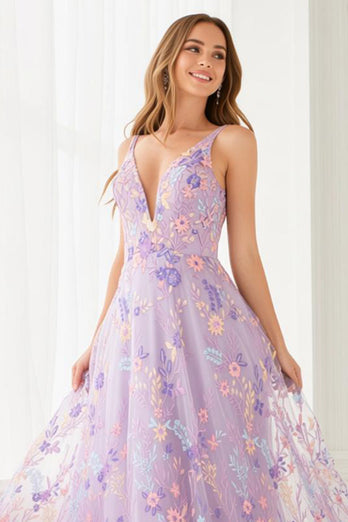 Floral Lilac A Line Tulle Embroidered V-Neck Long Prom Dress