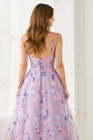 Load image into Gallery viewer, Floral Lilac A Line Tulle Embroidered V-Neck Long Prom Dress