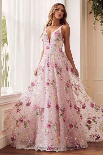 Sparkly Floral Pink A Line V-Neck Long Prom Dress with Embroidery