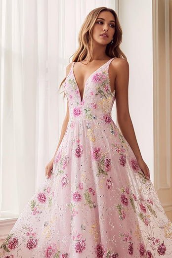 Sparkly Floral Pink A Line V-Neck Long Prom Dress with Embroidery