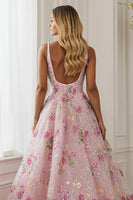Load image into Gallery viewer, Sparkly Floral Pink A Line V-Neck Long Prom Dress with Embroidery