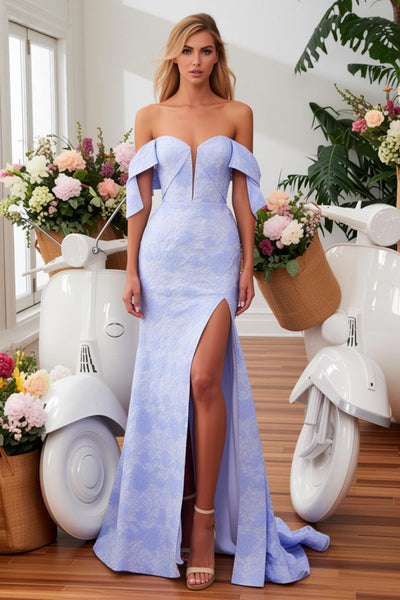 Floral Blue Mermaid Jacquard Off the Shoulder Long Prom Dress with Slit
