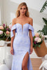 Load image into Gallery viewer, Floral Blue Mermaid Jacquard Off the Shoulder Long Prom Dress with Slit
