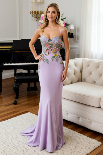 Floral Lilac Mermaid Satin Spaghetti Straps Long Prom Dress