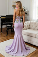 Load image into Gallery viewer, Floral Lilac Mermaid Satin Spaghetti Straps Long Prom Dress