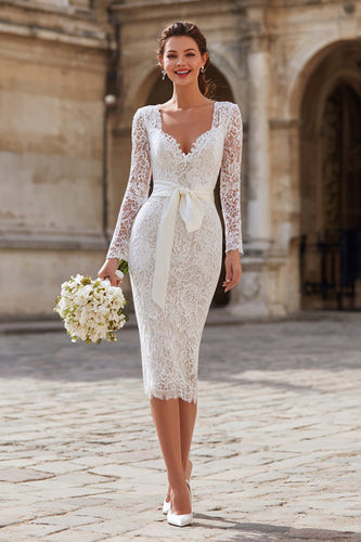 Ivory Lace Bodycon Backless Midi Wedding Dress with Sleeves