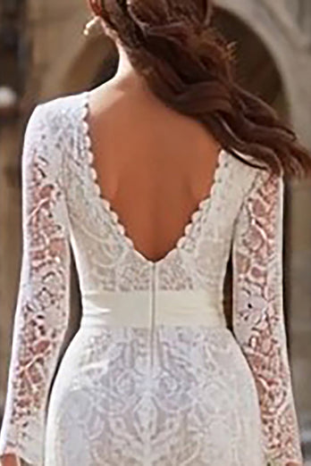 Ivory Lace Bodycon Backless Midi Wedding Dress with Sleeves