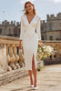 Load image into Gallery viewer, Ivory Satin Bodycon V-Neck Ruched Midi Engagement Dress with Slit