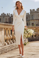 Load image into Gallery viewer, Ivory Satin Bodycon V-Neck Ruched Midi Engagement Dress with Slit
