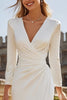 Load image into Gallery viewer, Ivory Satin Bodycon V-Neck Ruched Midi Engagement Dress with Slit