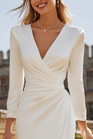 Load image into Gallery viewer, Ivory Satin Bodycon V-Neck Ruched Midi Engagement Dress with Slit