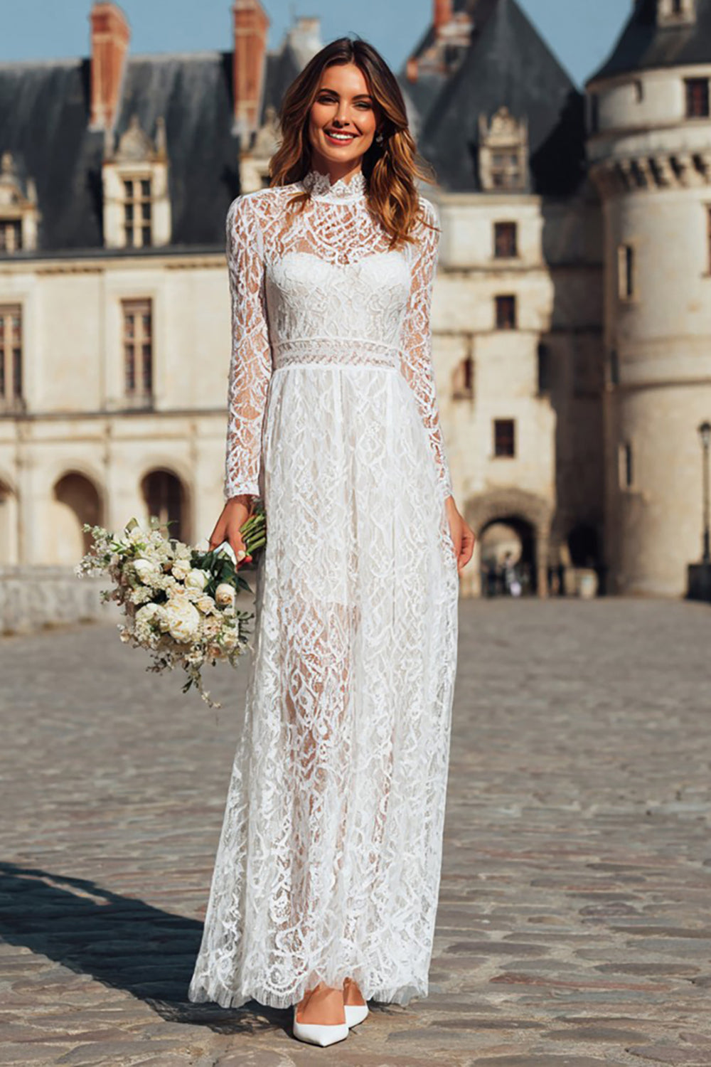 Ivory Boho High Neck Sheath Lace Long Wedding Dress with Sleeves