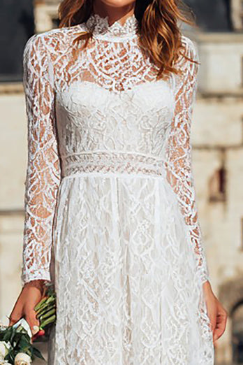 Ivory Boho High Neck Sheath Lace Long Wedding Dress with Sleeves