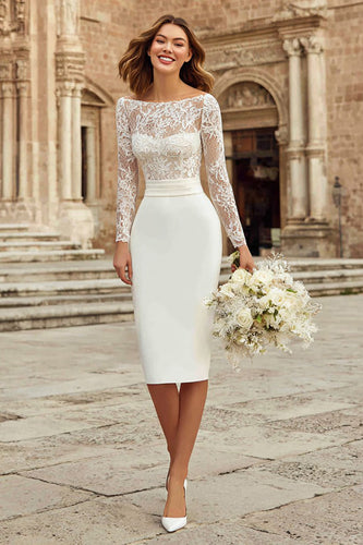 Ivory Bodycon Bateau Neck Lace Midi Wedding Dress with Sleeves