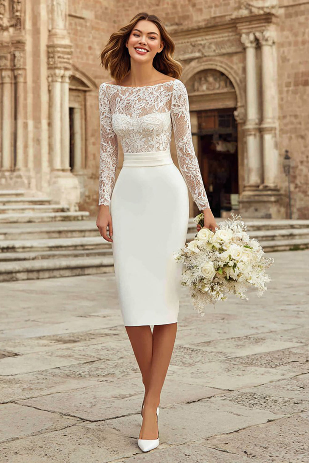 Ivory Bodycon Bateau Neck Lace Midi Wedding Dress with Sleeves