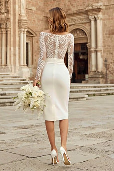 Ivory Bodycon Bateau Neck Lace Midi Wedding Dress with Sleeves