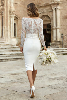 Ivory Lace Bateau Neck Bodycon Midi Wedding Dress with Sleeves