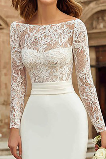 Ivory Bodycon Bateau Neck Lace Midi Wedding Dress with Sleeves