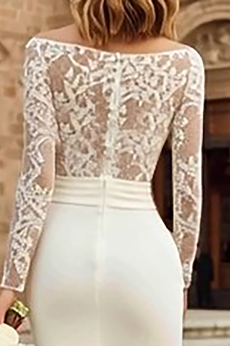 Load image into Gallery viewer, Ivory Bodycon Bateau Neck Lace Midi Wedding Dress with Sleeves