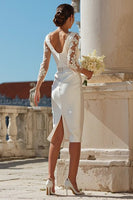 Load image into Gallery viewer, Ivory Bodycon Appliqued Backless Midi Wedding Dress with Sleeves