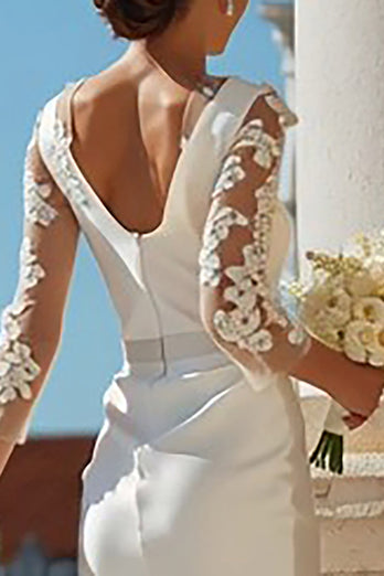 Ivory Bodycon Appliqued Backless Midi Wedding Dress with Sleeves