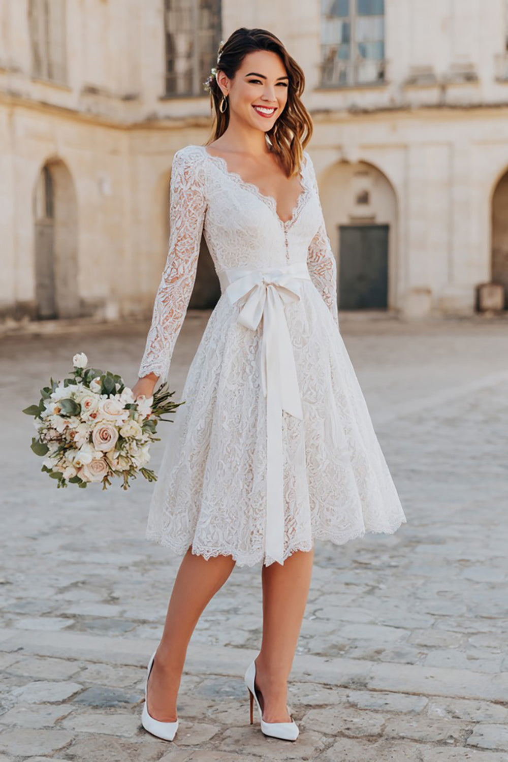 Ivory Boho Lace A Line V-Neck Midi Wedding Dress with Sleeves