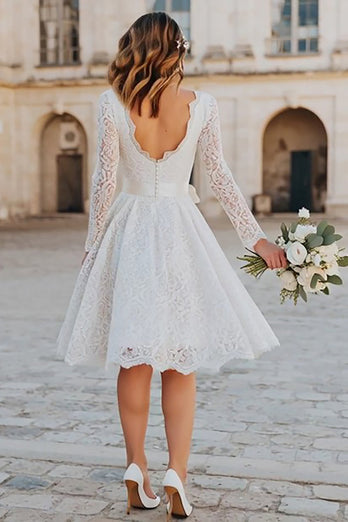 Ivory Boho Lace A Line V-Neck Midi Wedding Dress with Sleeves