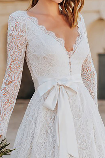 Ivory Boho Lace A Line V-Neck Midi Wedding Dress with Sleeves